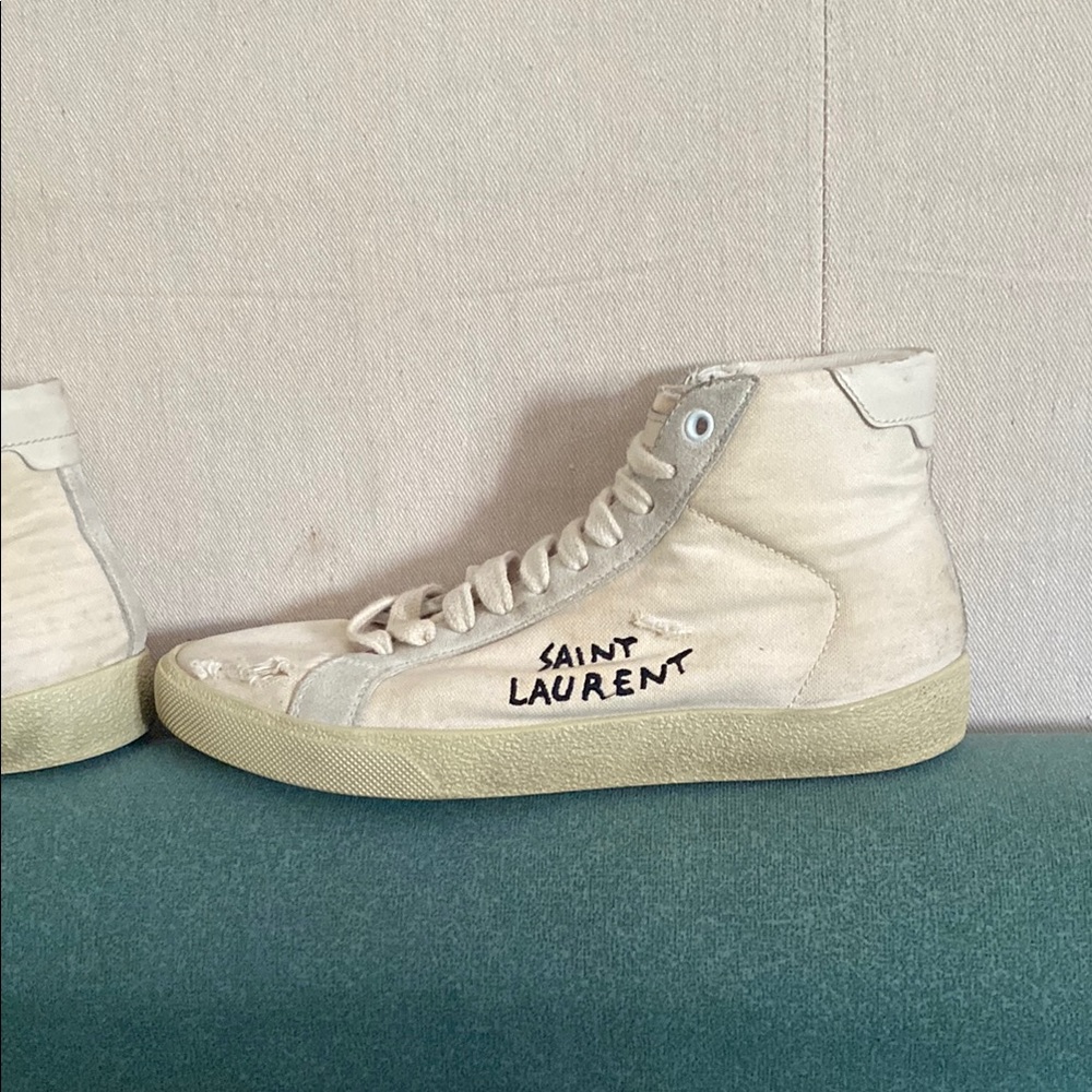 YSL Saint Laurent Distressed Canvas Classic Court SL/06 High Top Milk Panna